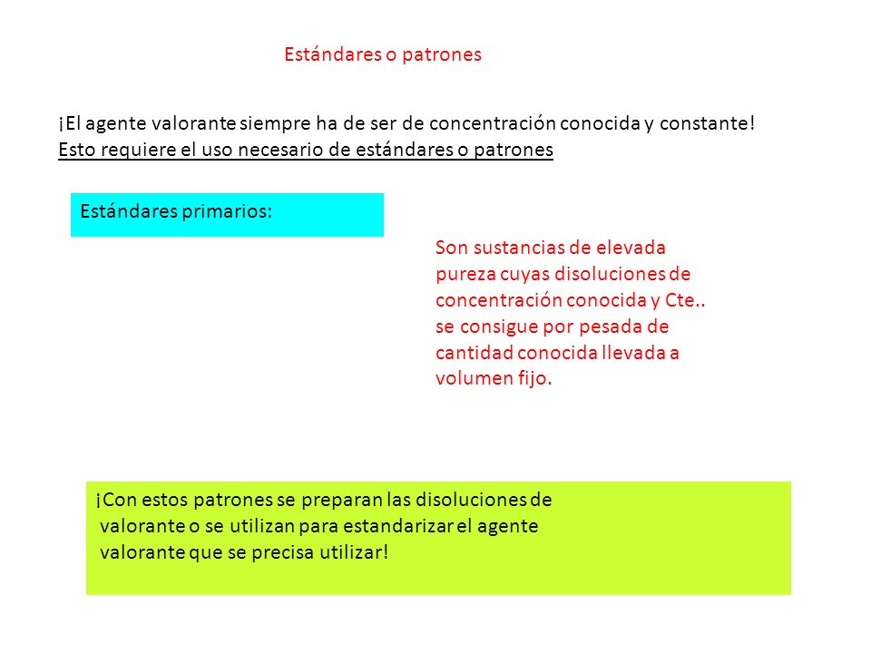 Estándares o patrones ¡El agente valorante siempre ha de ser de concentración conocida y constante!