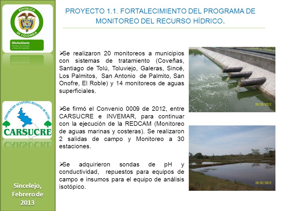Sincelejo, Febrero de PROYECTO 1.1. FORTALECIMIENTO DEL PROGRAMA DE MONITOREO DEL RECURSO HÍDRICO.