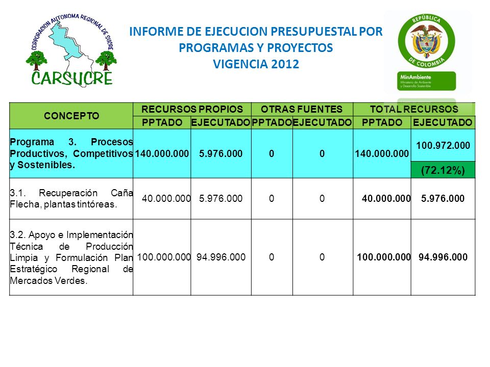 INFORME DE EJECUCION PRESUPUESTAL POR PROGRAMAS Y PROYECTOS VIGENCIA 2012