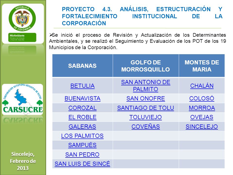 Sincelejo, Febrero de PROYECTO 4.3. ANÁLISIS, ESTRUCTURACIÓN Y FORTALECIMIENTO INSTITUCIONAL DE LA CORPORACIÓN.