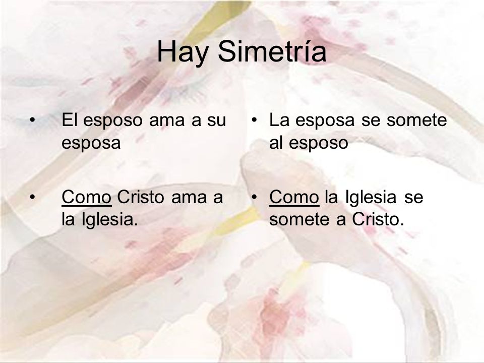 Hay Simetría El esposo ama a su esposa Como Cristo ama a la Iglesia.