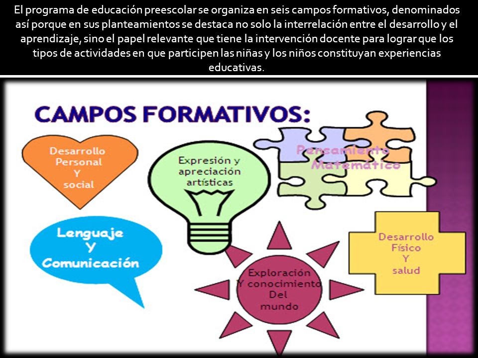 El programa de educación preescolar se organiza en seis campos formativos, denominados así porque en sus planteamientos se destaca no solo la interrelación entre el desarrollo y el aprendizaje, sino el papel relevante que tiene la intervención docente para lograr que los tipos de actividades en que participen las niñas y los niños constituyan experiencias educativas.