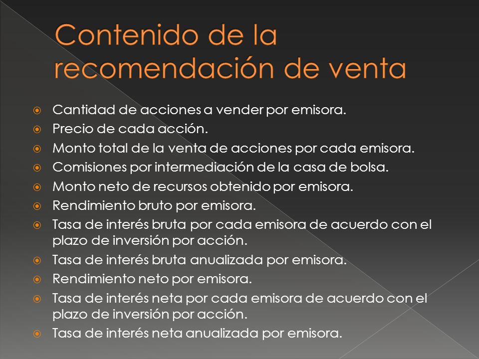 Contenido de la recomendación de venta