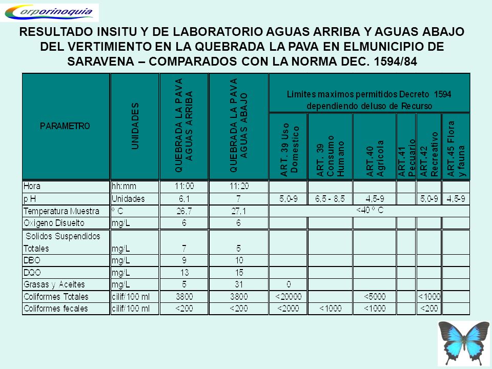 RESULTADO INSITU Y DE LABORATORIO AGUAS ARRIBA Y AGUAS ABAJO DEL VERTIMIENTO EN LA QUEBRADA LA PAVA EN ELMUNICIPIO DE SARAVENA – COMPARADOS CON LA NORMA DEC.