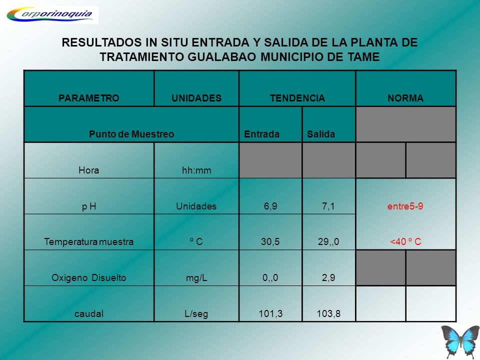 RESULTADOS IN SITU ENTRADA Y SALIDA DE LA PLANTA DE TRATAMIENTO GUALABAO MUNICIPIO DE TAME