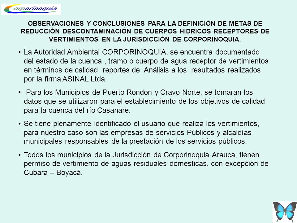 OBSERVACIONES Y CONCLUSIONES PARA LA DEFINICIÓN DE METAS DE REDUCCIÓN DESCONTAMINACIÓN DE CUERPOS HIDRICOS RECEPTORES DE VERTIMIENTOS EN LA JURISDICCIÓN DE CORPORINOQUIA.