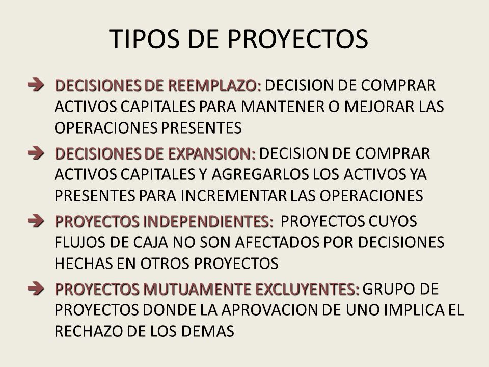 TIPOS DE PROYECTOS DECISIONES DE REEMPLAZO: DECISION DE COMPRAR ACTIVOS CAPITALES PARA MANTENER O MEJORAR LAS OPERACIONES PRESENTES.