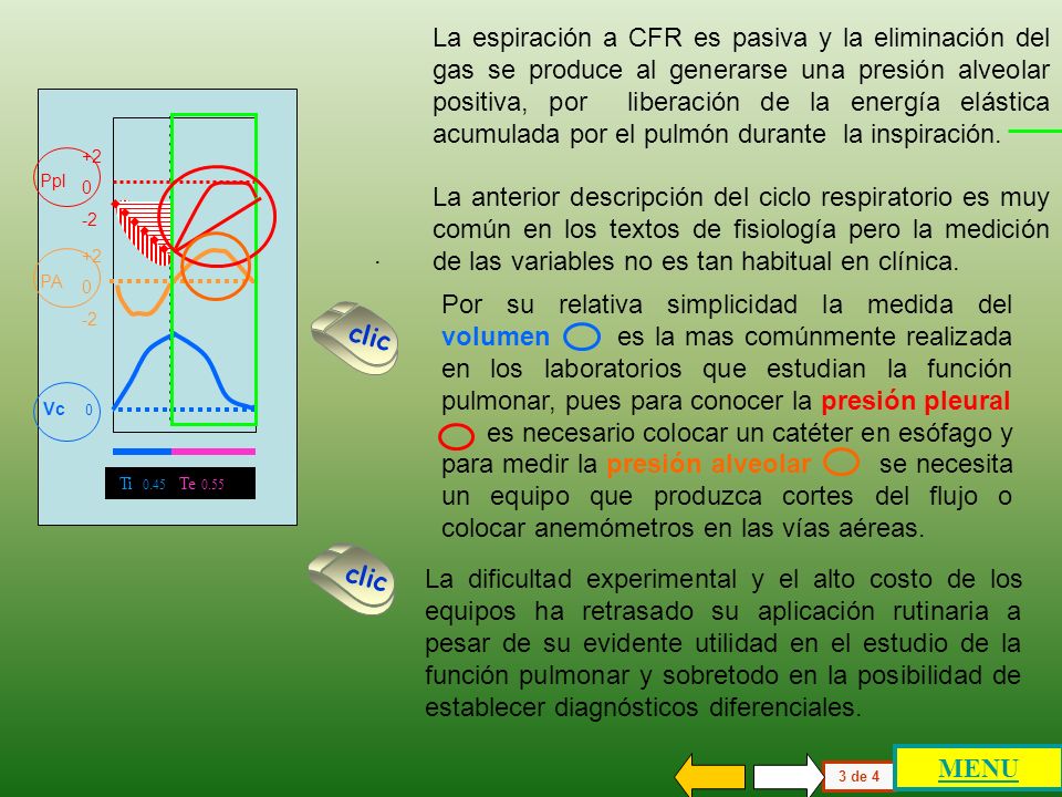 La espiración a CFR es pasiva y la eliminación del gas se produce al generarse una presión alveolar positiva, por liberación de la energía elástica acumulada por el pulmón durante la inspiración.