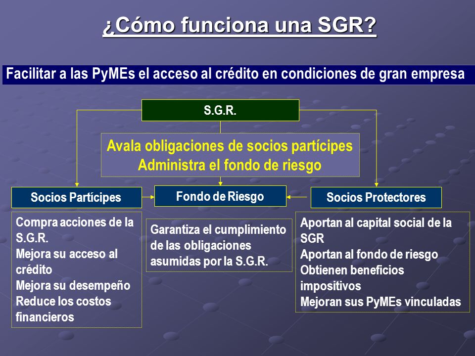 Avala obligaciones de socios partícipes Administra el fondo de riesgo