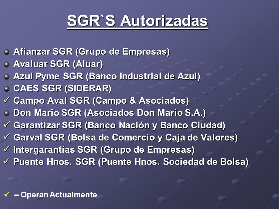 SGR`S Autorizadas Afianzar SGR (Grupo de Empresas) Avaluar SGR (Aluar)