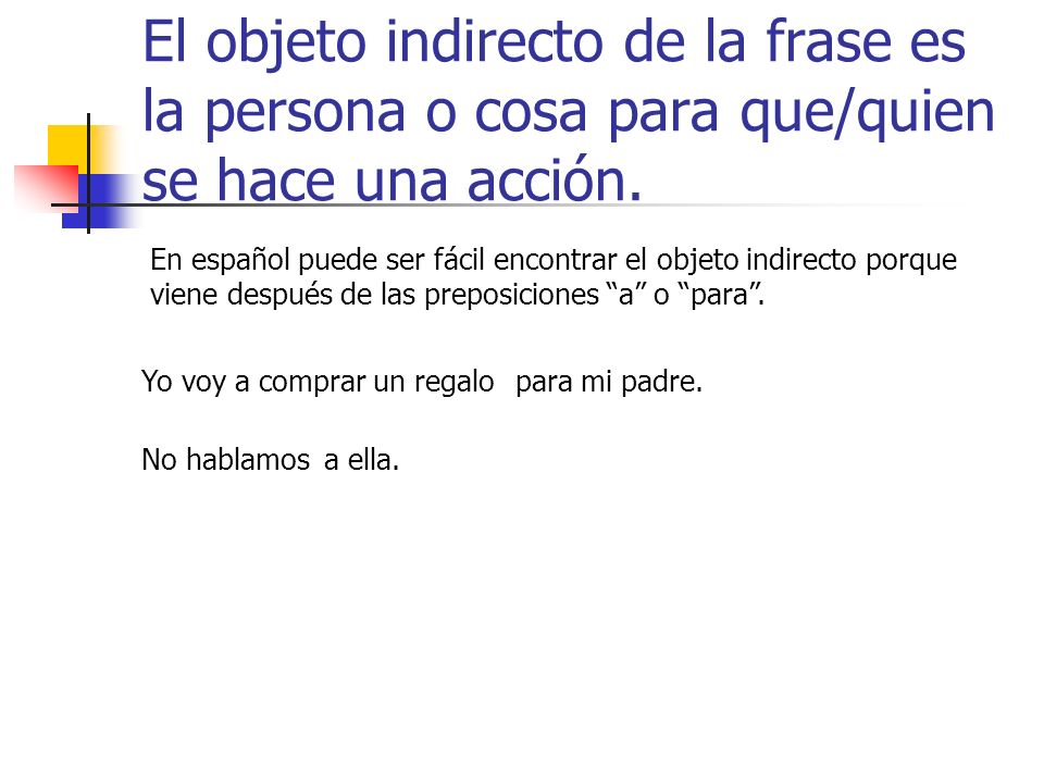 El objeto indirecto de la frase es la persona o cosa para que/quien se hace una acción.