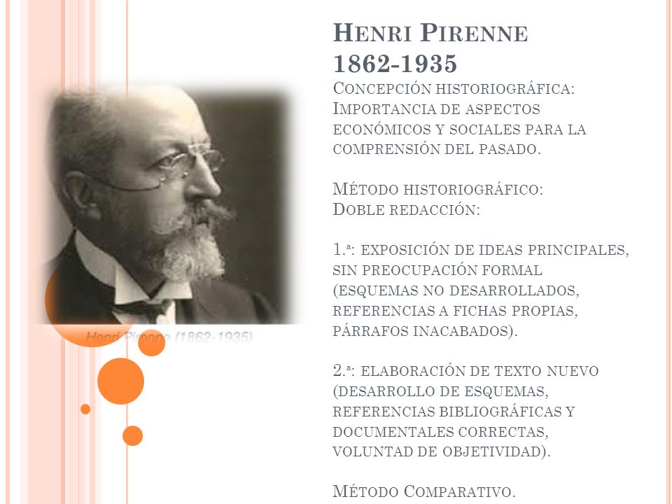 Henri Pirenne Concepción historiográfica: Importancia de aspectos económicos y sociales para la comprensión del pasado.