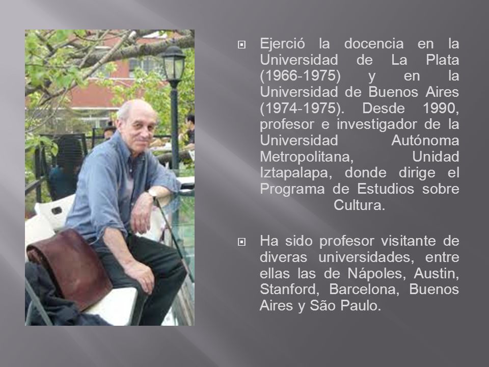 Ejerció la docencia en la Universidad de La Plata ( ) y en la Universidad de Buenos Aires ( ). Desde 1990, profesor e investigador de la Universidad Autónoma Metropolitana, Unidad Iztapalapa, donde dirige el Programa de Estudios sobre Cultura.