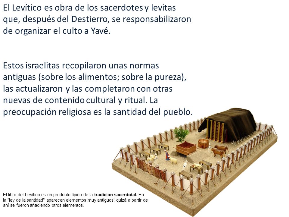 El Levítico es obra de los sacerdotes y levitas que, después del Destierro, se responsabilizaron de organizar el culto a Yavé.