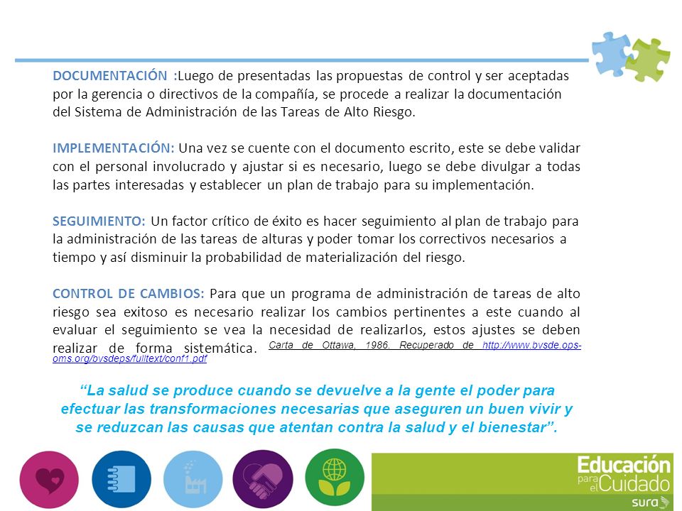 DOCUMENTACIÓN :Luego de presentadas las propuestas de control y ser aceptadas por la gerencia o directivos de la compañía, se procede a realizar la documentación del Sistema de Administración de las Tareas de Alto Riesgo.