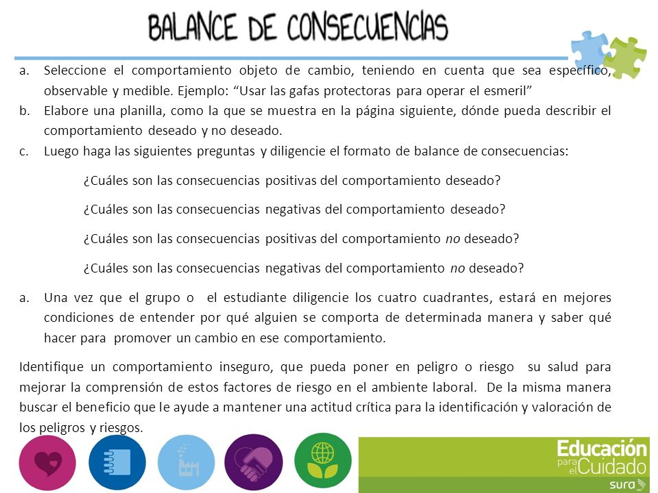 Seleccione el comportamiento objeto de cambio, teniendo en cuenta que sea específico, observable y medible. Ejemplo: Usar las gafas protectoras para operar el esmeril