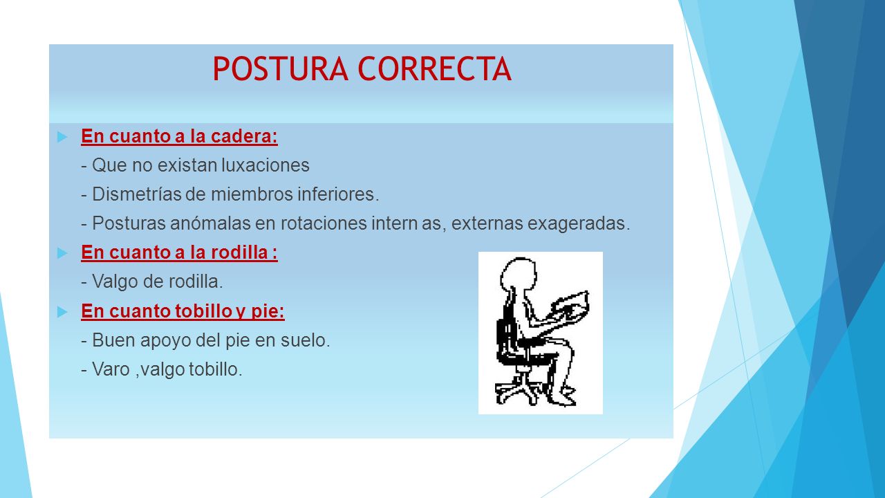 POSTURA CORRECTA En cuanto a la cadera: - Que no existan luxaciones
