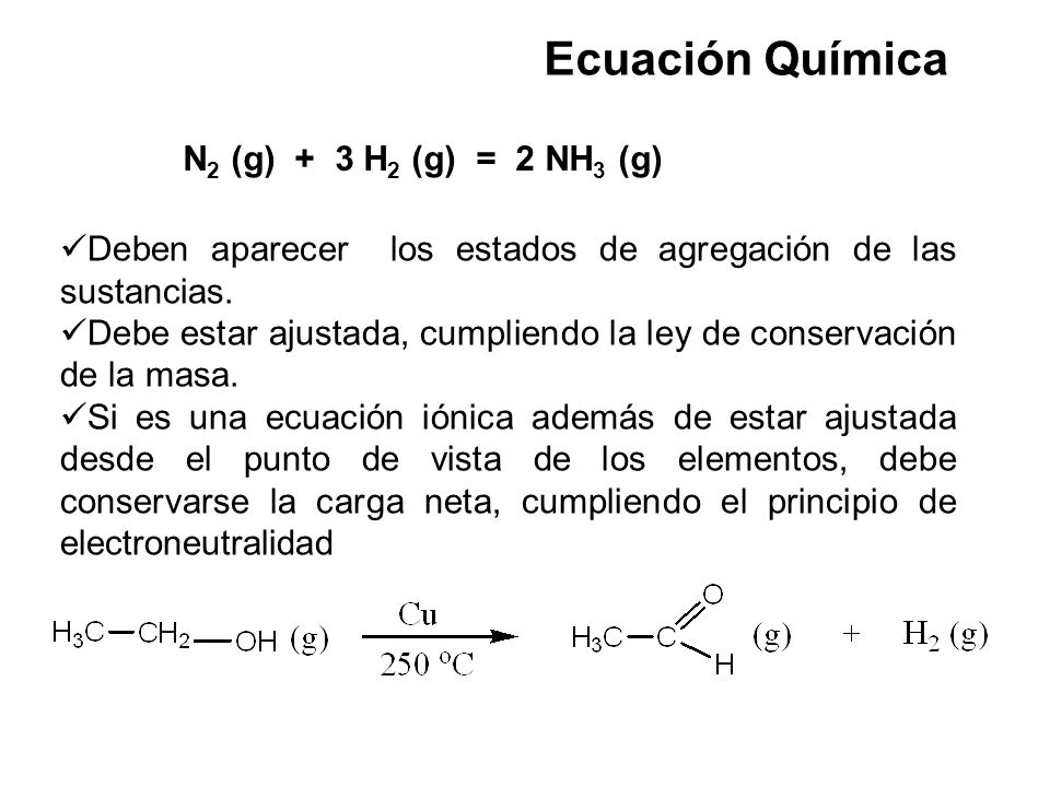 Ecuación Química N2 (g) + 3 H2 (g) = 2 NH3 (g)