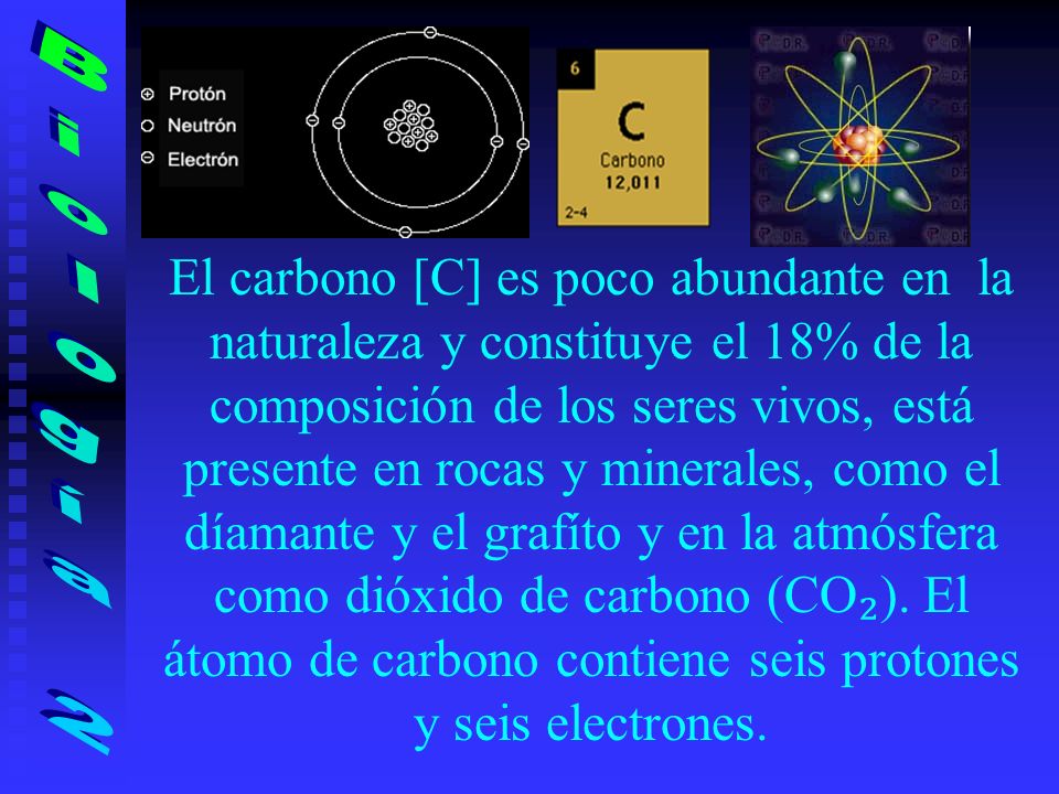 El carbono [C] es poco abundante en la naturaleza y constituye el 18% de la composición de los seres vivos, está presente en rocas y minerales, como el díamante y el grafíto y en la atmósfera como dióxido de carbono (CO₂). El átomo de carbono contiene seis protones y seis electrones.