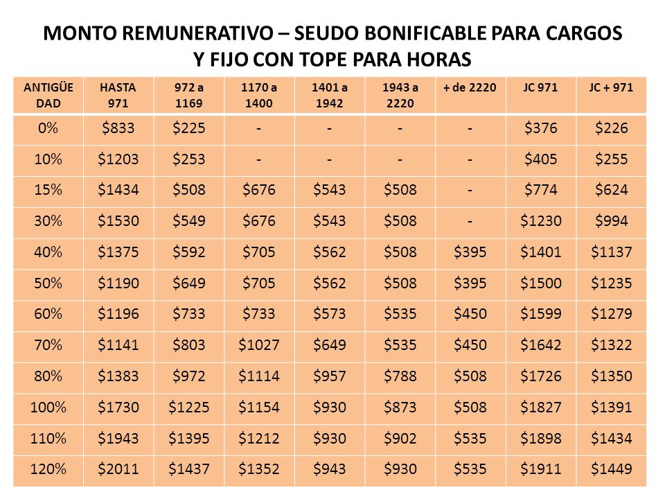 Monto remunerativo – seudo bonificable para cargos y fijo con tope para horas