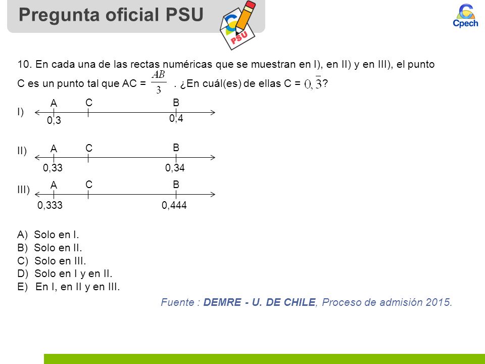 Pregunta oficial PSU 10. En cada una de las rectas numéricas que se muestran en I), en II) y en III), el punto.