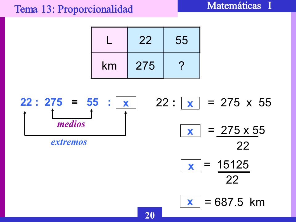 L km : 275 = 55 : x. 22 : = 275 x 55. x. medios. = 275 x 55.