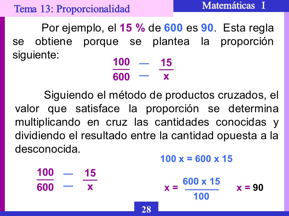 Por ejemplo, el 15 % de 600 es 90. Esta regla se obtiene porque se plantea la proporción siguiente: