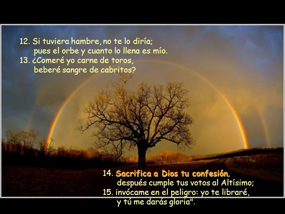 12. Si tuviera hambre, no te lo diría; pues el orbe y cuanto lo llena es mío. 13. ¿Comeré yo carne de toros, beberé sangre de cabritos