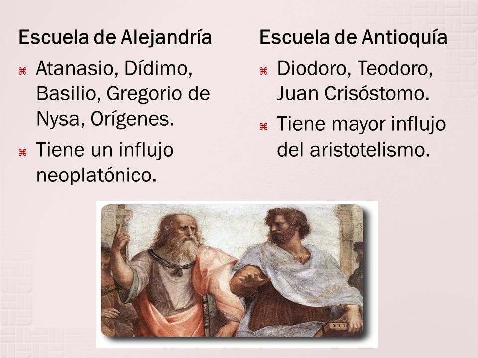 Escuela de Alejandría Atanasio, Dídimo, Basilio, Gregorio de Nysa, Orígenes. Tiene un influjo neoplatónico.