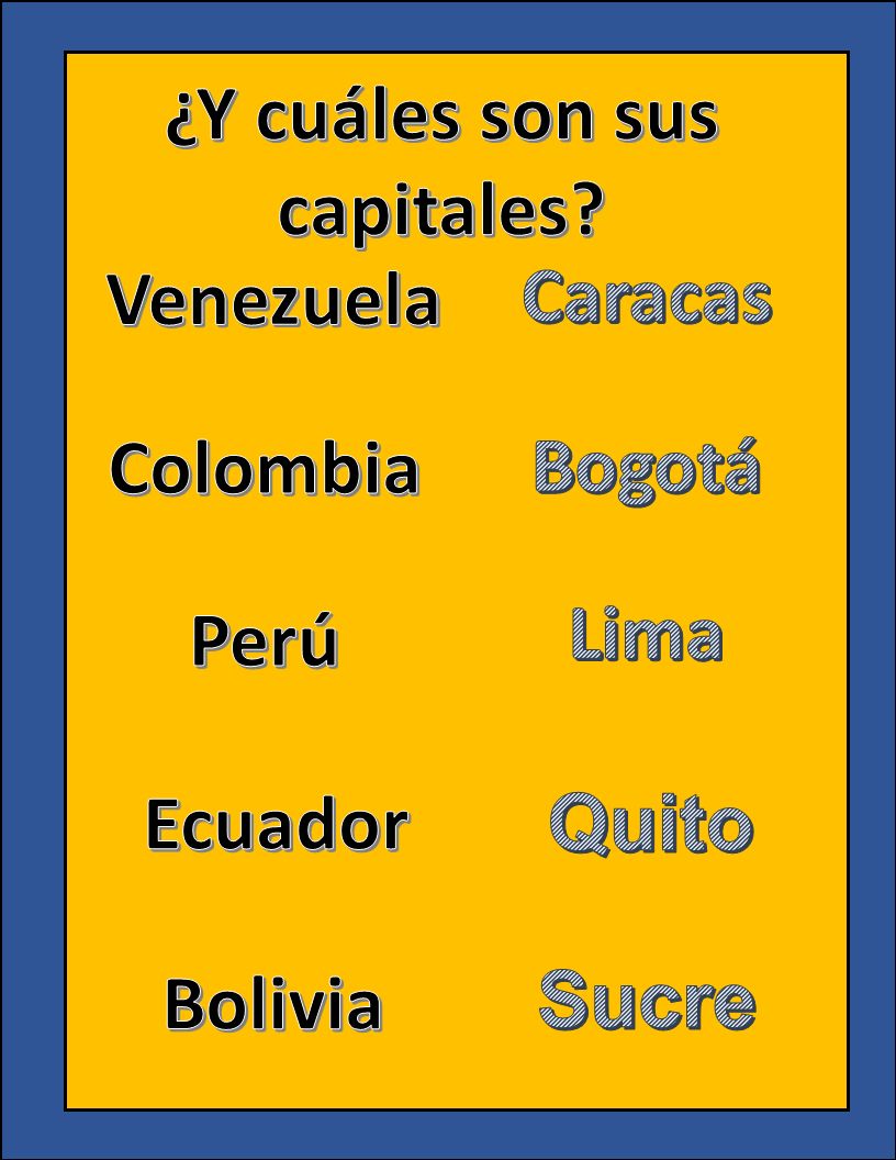 ¿Y cuáles son sus capitales Venezuela. Caracas. Colombia. Bogotá. Lima. Perú. Ecuador. Quito.