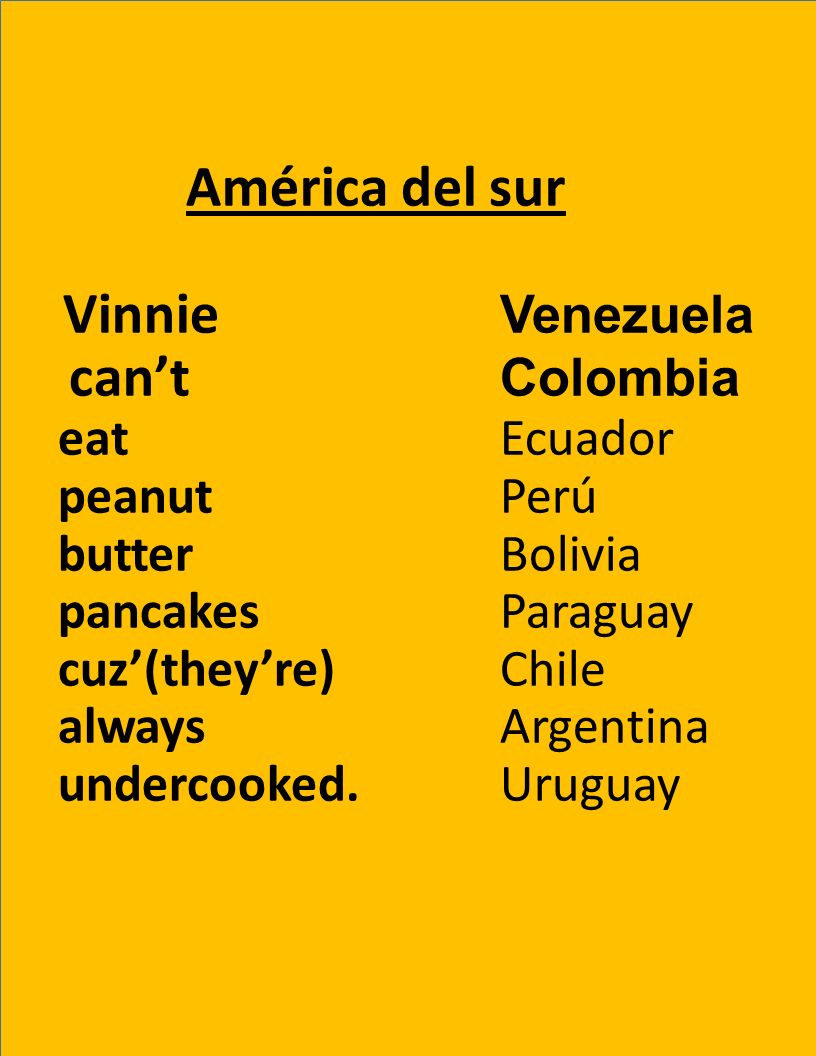 América del sur Vinnie. Venezuela can’t. Colombia eat. Ecuador peanut