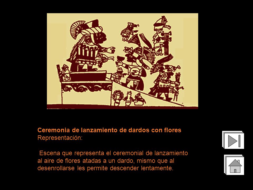 Ceremonia de lanzamiento de dardos con flores Representación: Escena que representa el ceremonial de lanzamiento al aire de flores atadas a un dardo, mismo que al desenrollarse les permite descender lentamente.
