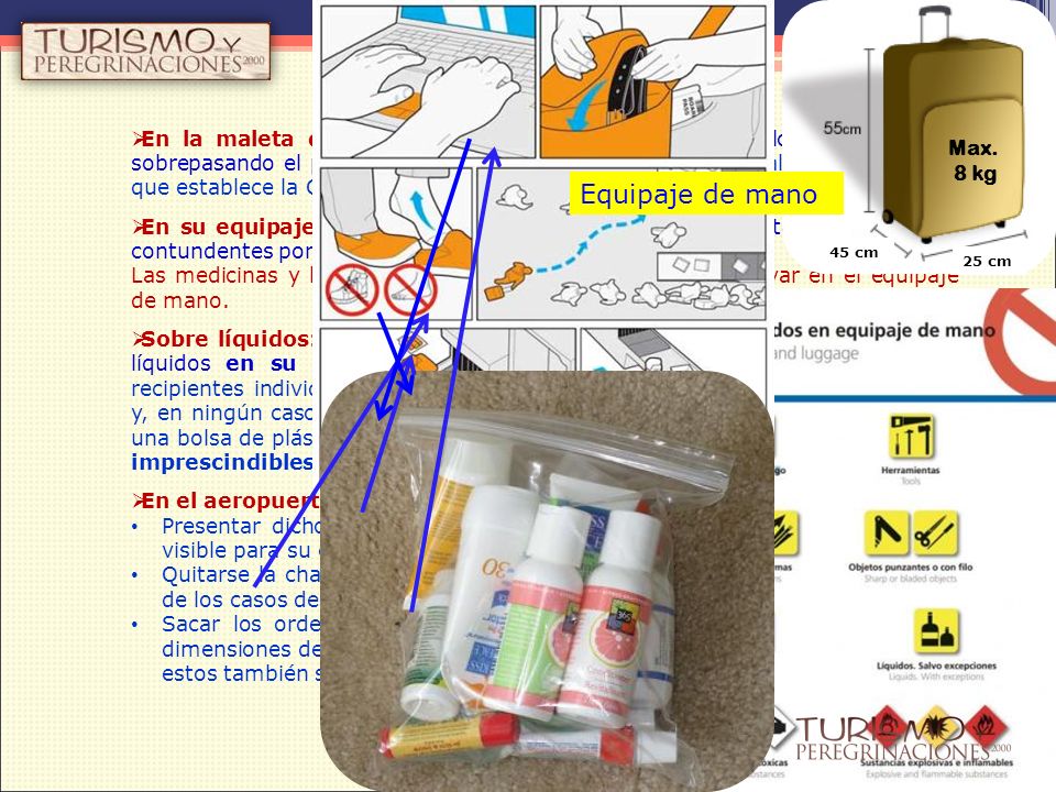 En la maleta que vaya a facturar: Puede llevar todo lo que desee, no sobrepasando el peso máximo permitido por maleta (una maleta por persona) que establece la Cía. Aérea: 23 Kg.