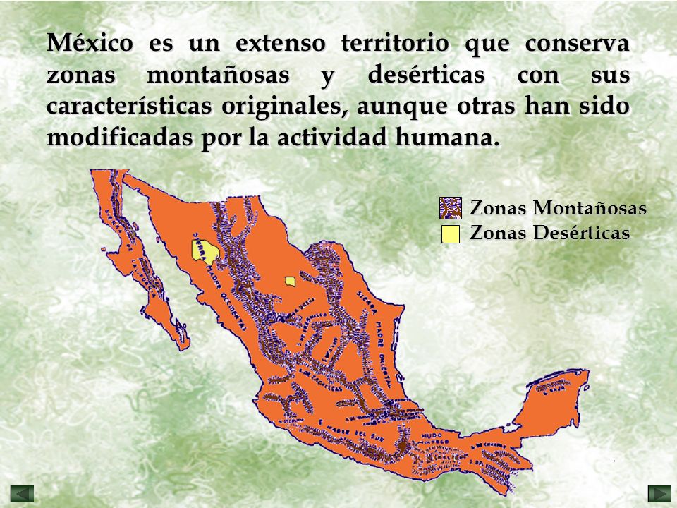 México es un extenso territorio que conserva zonas montañosas y desérticas con sus características originales, aunque otras han sido modificadas por la actividad humana.