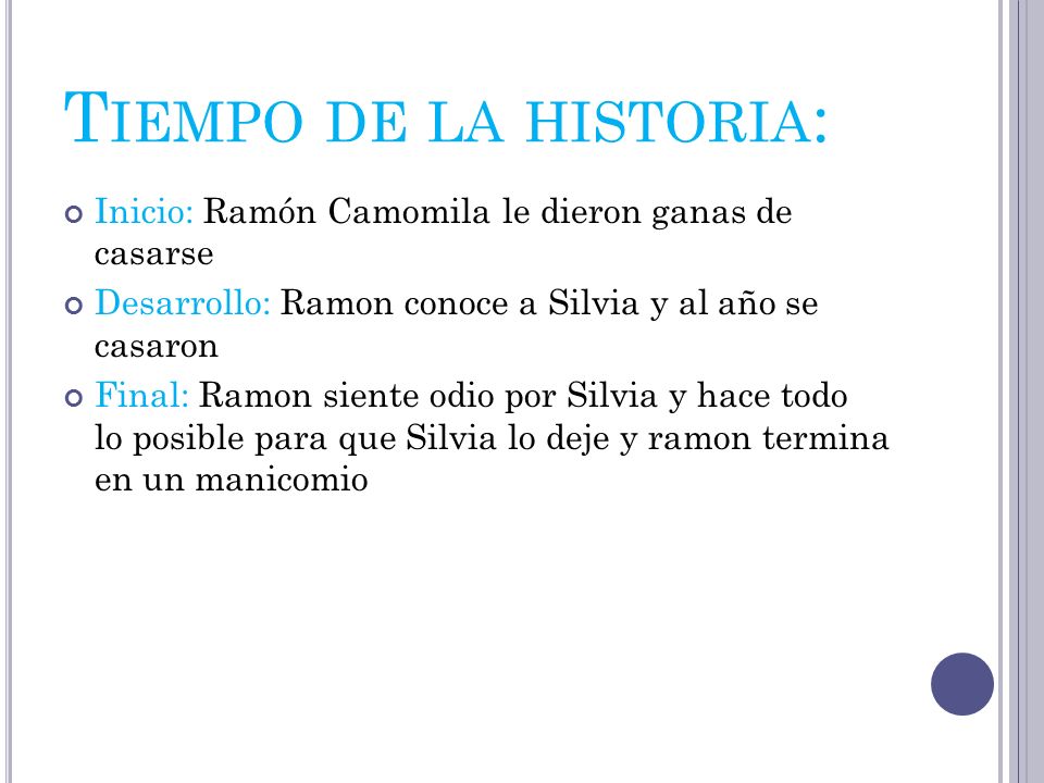 Tiempo de la historia: Inicio: Ramón Camomila le dieron ganas de casarse. Desarrollo: Ramon conoce a Silvia y al año se casaron.