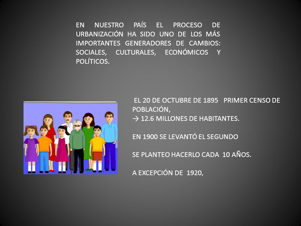 EN NUESTRO PAÍS EL PROCESO DE URBANIZACIÓN HA SIDO UNO DE LOS MÁS IMPORTANTES GENERADORES DE CAMBIOS: SOCIALES, CULTURALES, ECONÓMICOS Y POLÍTICOS.