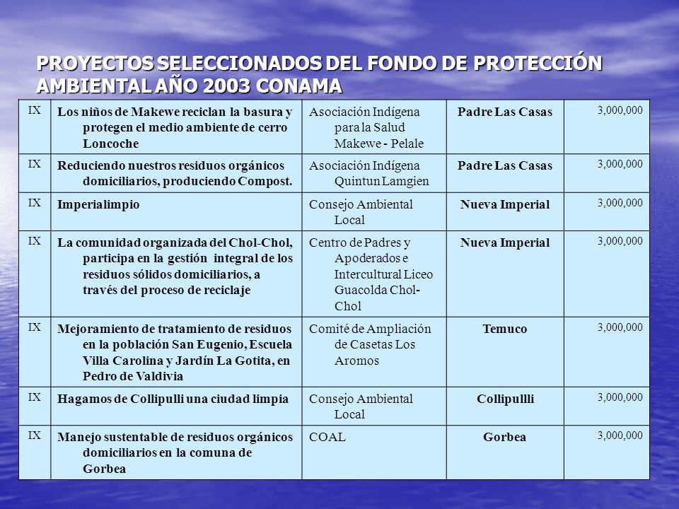 PROYECTOS SELECCIONADOS DEL FONDO DE PROTECCIÓN AMBIENTAL AÑO 2003 CONAMA