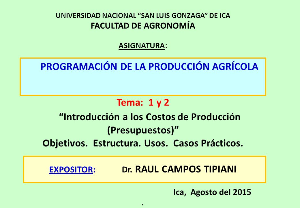 UNIVERSIDAD NACIONAL SAN LUIS GONZAGA DE ICA FACULTAD DE AGRONOMÍA ASIGNATURA: PROGRAMACIÓN DE LA PRODUCCIÓN AGRÍCOLA Tema: 1 y 2 Introducción a los Costos de Producción (Presupuestos) Objetivos.