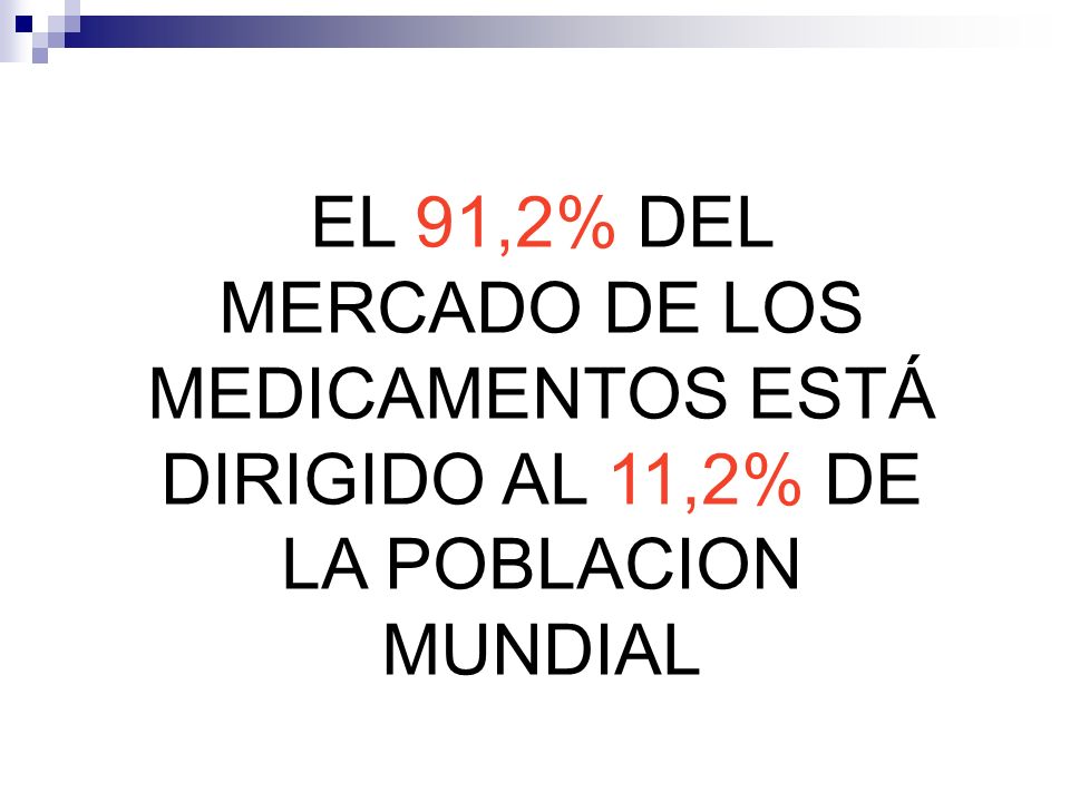 EL 91,2% DEL MERCADO DE LOS MEDICAMENTOS ESTÁ DIRIGIDO AL 11,2% DE LA POBLACION MUNDIAL
