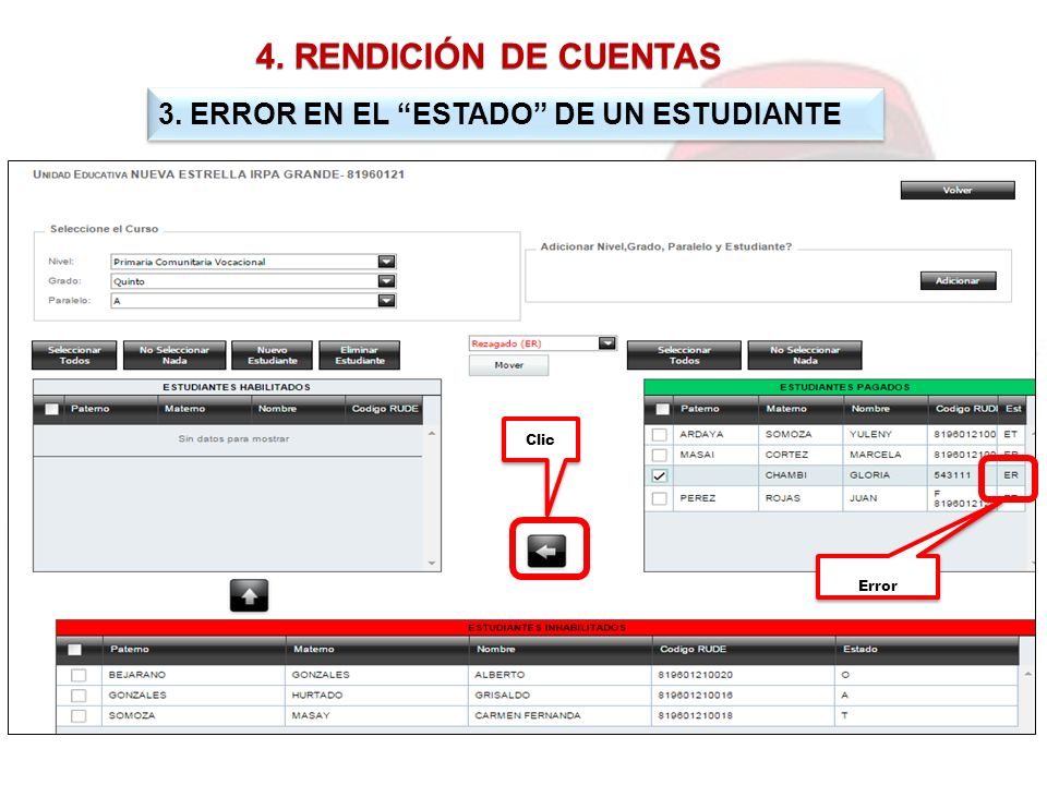 4. RENDICIÓN DE CUENTAS 3. ERROR EN EL ESTADO DE UN ESTUDIANTE Clic