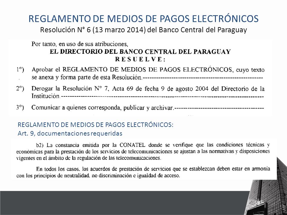REGLAMENTO DE MEDIOS DE PAGOS ELECTRÓNICOS Resolución N° 6 (13 marzo 2014) del Banco Central del Paraguay