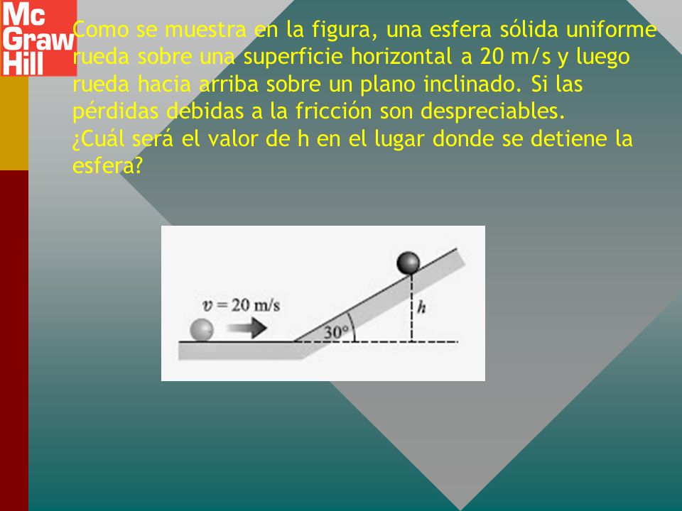 Como se muestra en la figura, una esfera sólida uniforme rueda sobre una superficie horizontal a 20 m/s y luego rueda hacia arriba sobre un plano inclinado.