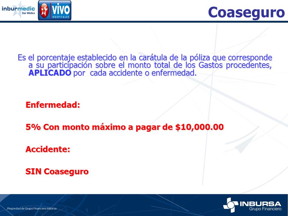 Coaseguro Enfermedad: 5% Con monto máximo a pagar de $10,000.00
