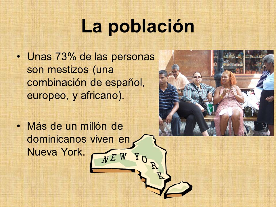 La población Unas 73% de las personas son mestizos (una combinación de español, europeo, y africano).