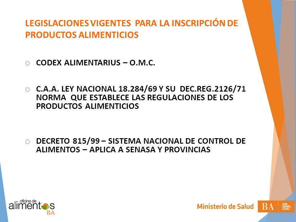 LEGISLACIONES VIGENTES PARA LA INSCRIPCIÓN DE PRODUCTOS ALIMENTICIOS