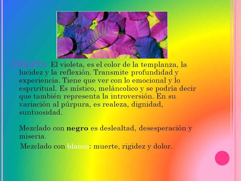 VIOLETA: El violeta, es el color de la templanza, la lucidez y la reflexión. Transmite profundidad y experiencia. Tiene que ver con lo emocional y lo espriritual. Es místico, meláncolico y se podría decir que también representa la introversión. En su variación al púrpura, es realeza, dignidad, suntuosidad. Mezclado con negro es deslealtad, desesperación y miseria.