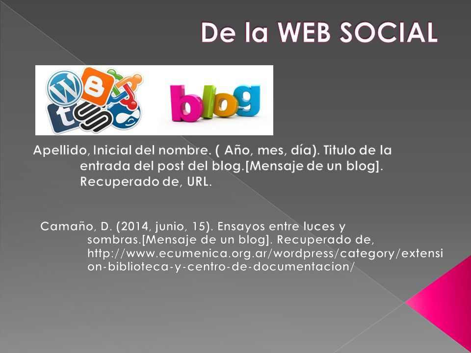 De la WEB SOCIAL Apellido, Inicial del nombre. ( Año, mes, día). Titulo de la entrada del post del blog.[Mensaje de un blog]. Recuperado de, URL.