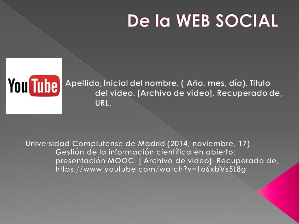 De la WEB SOCIAL Apellido, Inicial del nombre. ( Año, mes, día). Titulo. del video. [Archivo de video]. Recuperado de,