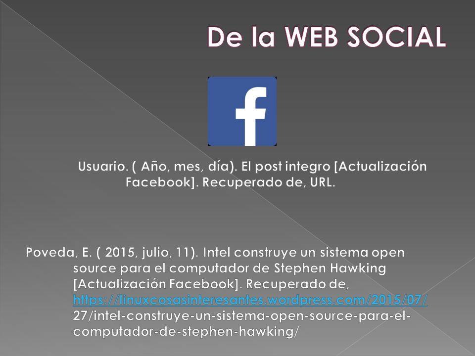 De la WEB SOCIAL Usuario. ( Año, mes, día). El post integro [Actualización Facebook]. Recuperado de, URL.