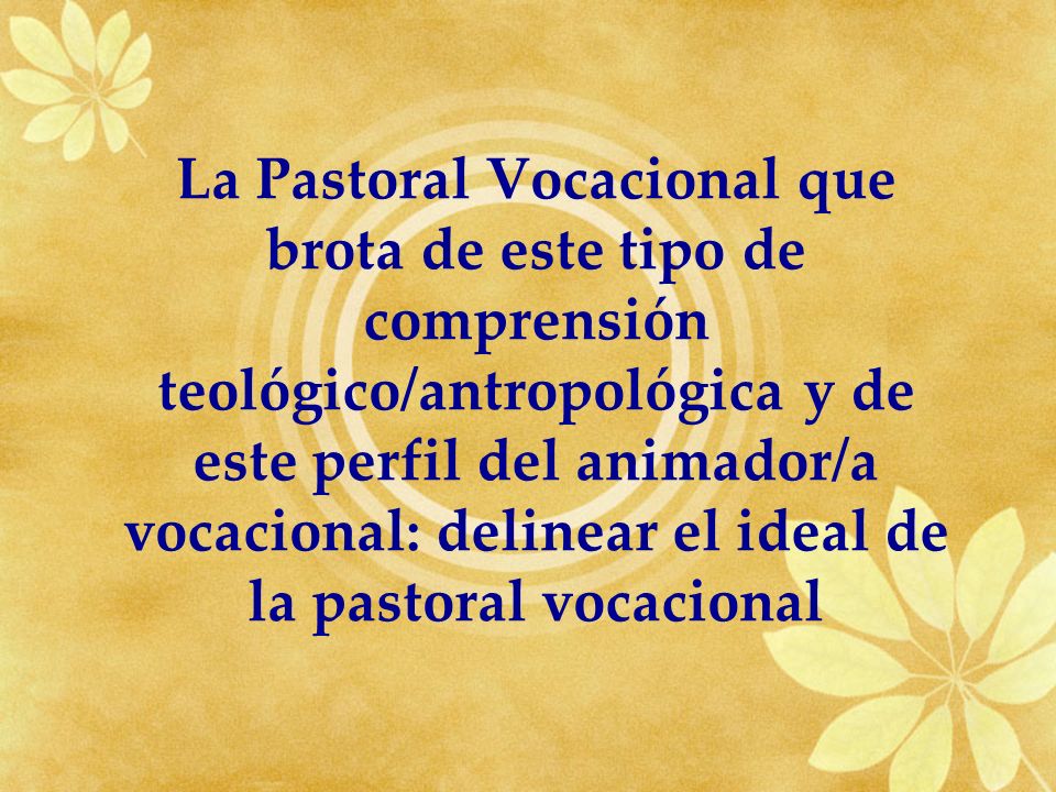 La Pastoral Vocacional que brota de este tipo de comprensión teológico/antropológica y de este perfil del animador/a vocacional: delinear el ideal de la pastoral vocacional